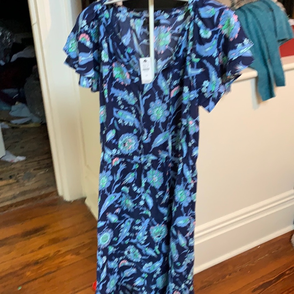 Talbots petites floral gathered tie neck dress w/ruffle sleeves. NWT. Rtl 150